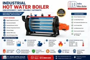 Industrial Hot Water Boiler manufactured by PT Indira Mitra Boiler with high-efficiency fire tube design, automatic burner control, digital temperature control, and industrial heating system for commercial and manufacturing applications.