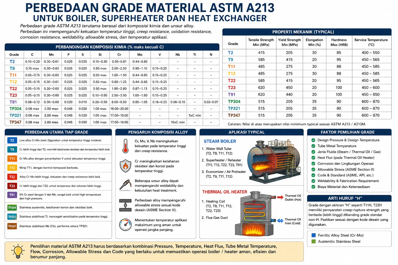 Perbedaan Grade Material ASTM A213 untuk Boiler dan Thermal Oil Heater Perbedaan Grade Material ASTM A213 T2 T9 T11 T12 T22 T23 T91 TP304 TP321 TP347 untuk Boiler dan Thermal Oil Heater