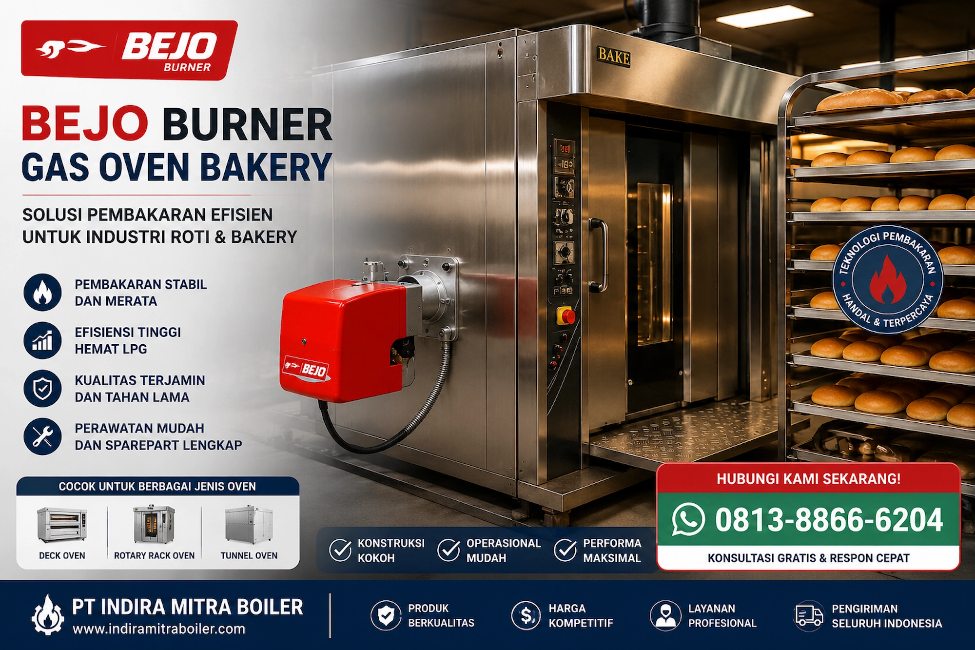 Bejo Burner Gas Oven Bakery terpasang pada rotary rack oven untuk industri roti dan bakery dengan sistem pembakaran LPG efisien