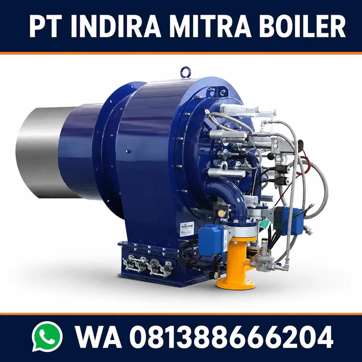 Industrial burner untuk boiler, furnace, oven, dan rotary dryer dari PT Indira Mitra Boiler, informasi WhatsApp 081388666204.