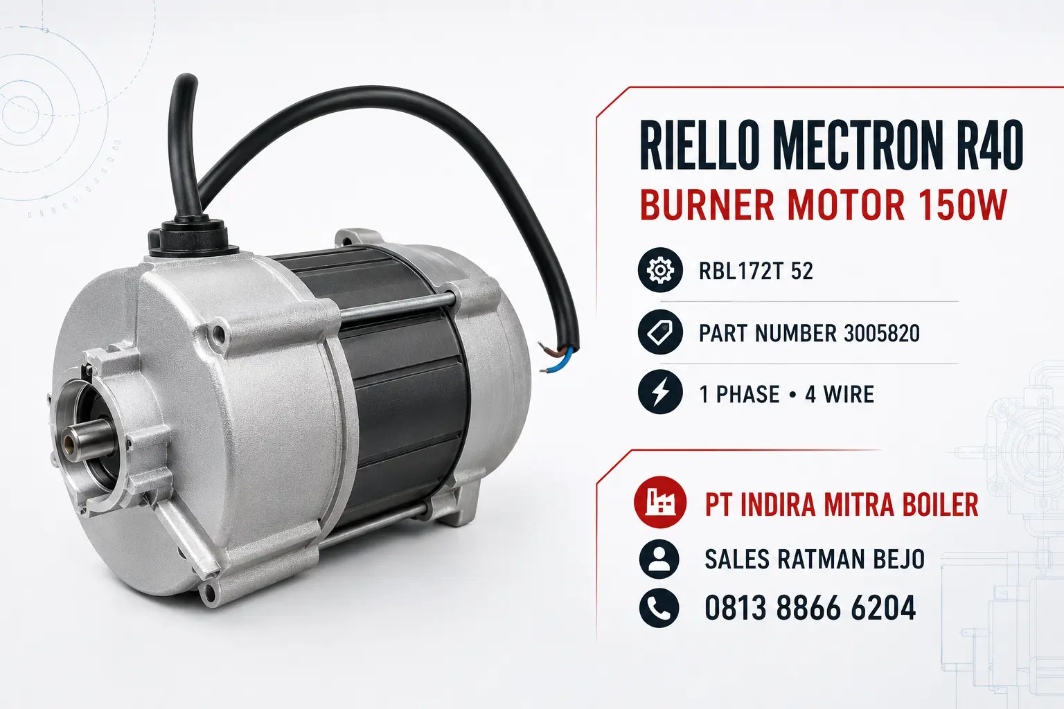 Motor burner Riello Mectron R40 150W RBL172T 52 part number 3005820 dari PT Indira Mitra Boiler