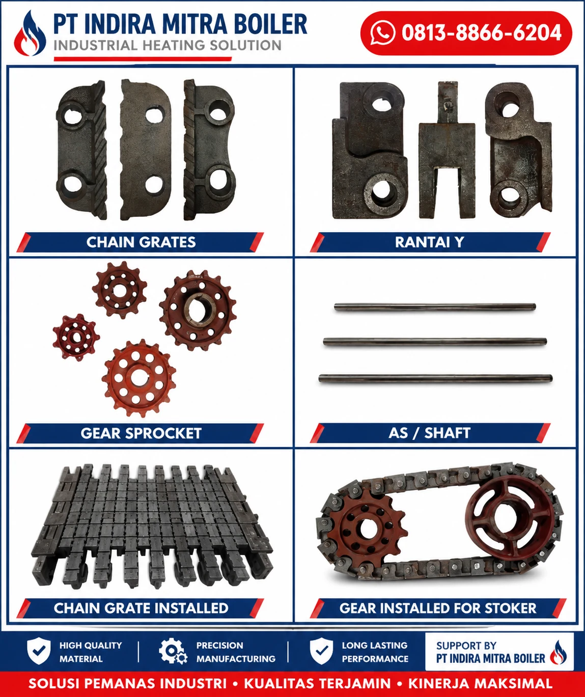 Chain Grate Stoker Spare Part Boiler Indonesia | Chain Grate, Gear Sprocket, Rantai Y & Shaft Chain Grate Stoker Spare Part Boiler Indonesia meliputi Chain Grate, Gear Sprocket, Rantai Y, Shaft, dan Gear Installed for Stoker berkualitas tinggi untuk boiler biomassa, batubara, dan industri manufaktur.