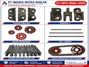 Chain Grate Stoker Spare Part Boiler Indonesia terdiri dari Chain Grate, Rantai Y, Gear Sprocket, Shaft, Chain Grate Installed, dan Gear Installed for Stoker untuk boiler biomassa, batubara, dan travelling grate oleh PT Indira Mitra Boiler.