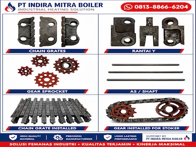 Chain Grate Stoker Spare Part Boiler Indonesia terdiri dari Chain Grate, Rantai Y, Gear Sprocket, Shaft, Chain Grate Installed, dan Gear Installed for Stoker untuk boiler biomassa, batubara, dan travelling grate oleh PT Indira Mitra Boiler.